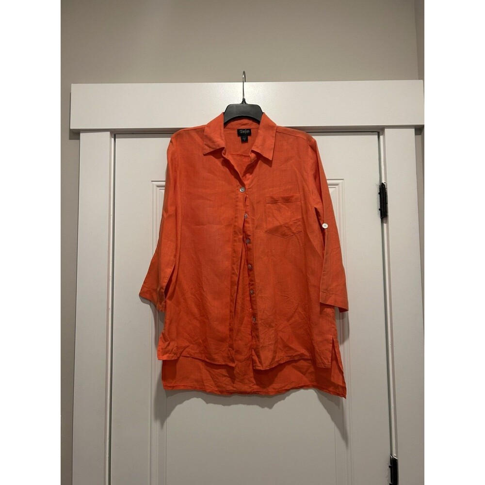 Toofan Coral Orange Linen Roll Tab Coastal Tunic Shirt Women’s Small Beach